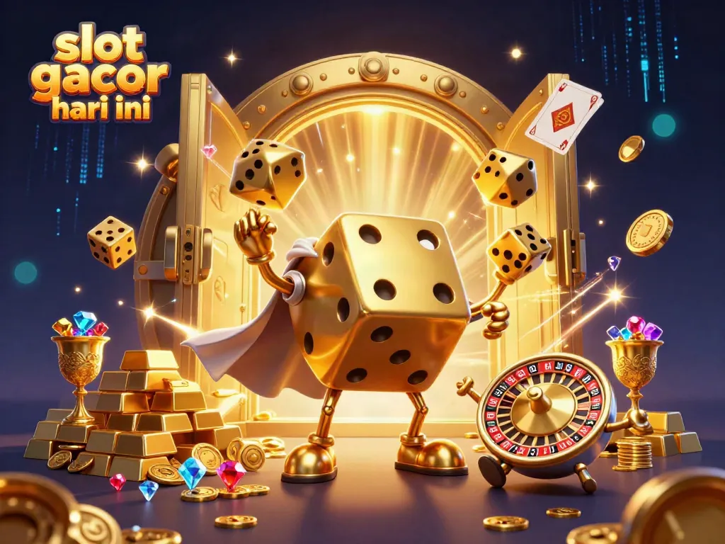Engage with slot gacor hari ini in a vibrant 3D casino world, featuring golden dice and dynamic game elements.