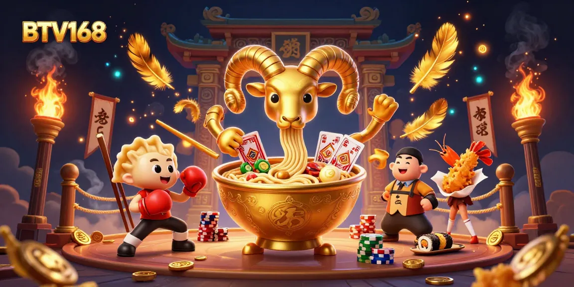 BTV168 showcases a dynamic scene with a giant ramen bowl and lively casino characters dealing cards.
