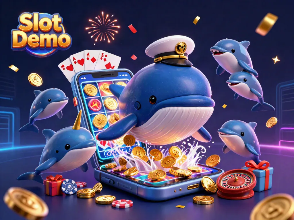 Experience the thrill of Slot Demo with a playful illustration of a whale, narwhal, and dolphins among casino elements.