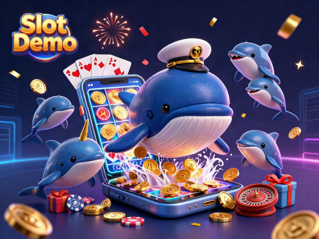 Experience the thrill of Slot Demo with a playful illustration of a whale, narwhal, and dolphins among casino elements.