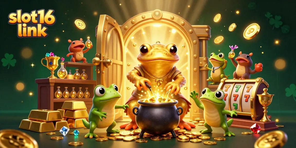 Experience the vibrant world of slot16 link with a rich 3D illustration of a golden salamander alchemist and casino elements.