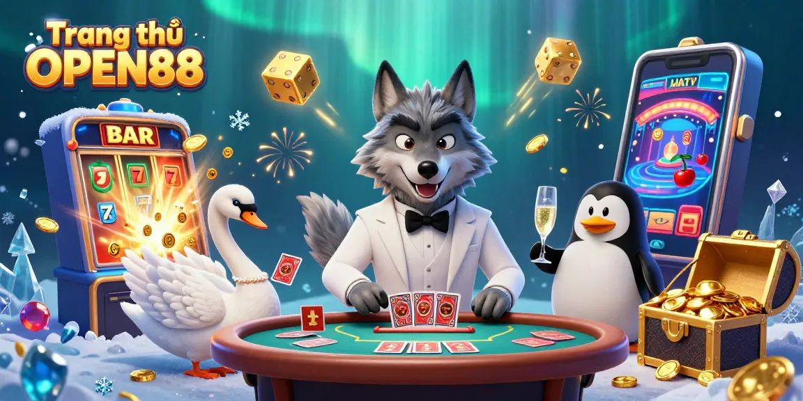 Win big at Trang chủ OPEN88 with 3D digital casino scene featuring colorful slots, card dealers, and champagne.