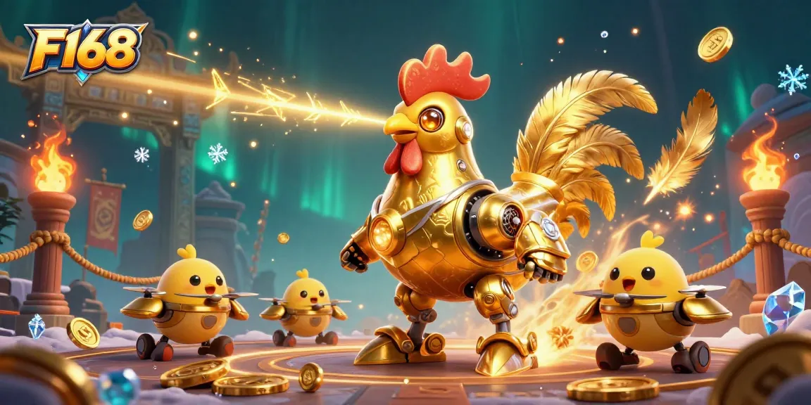 Bet on F168 with a vibrant 3D illustration of a golden rooster robot and dynamic casino elements.