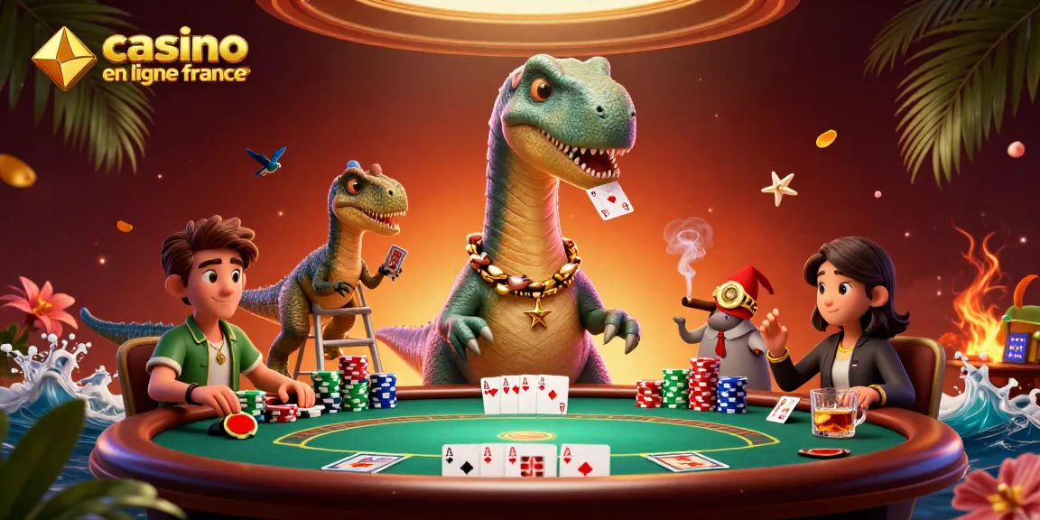 Cliquez avec passion au casino en ligne France au milieu d'un dinosaure 3D spectaculaire et d'une table de poker colorée.