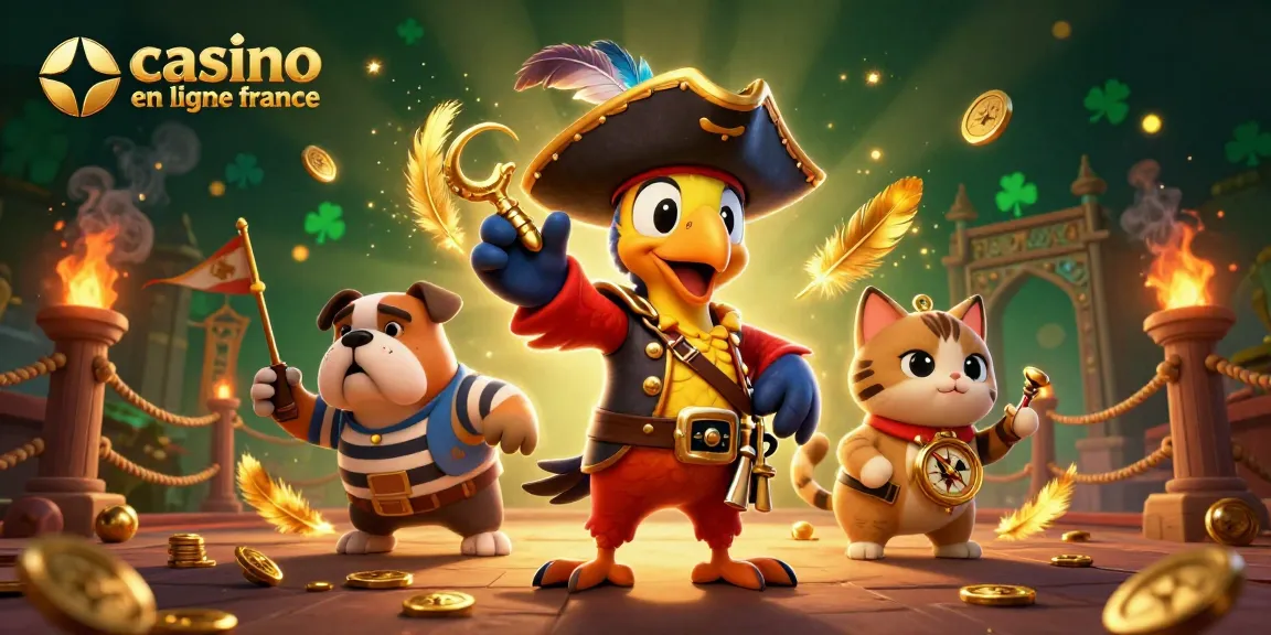 Profitez du casino en ligne France avec cette illustration de pirate donnant des ordres, entouré d'éléments de jeu.