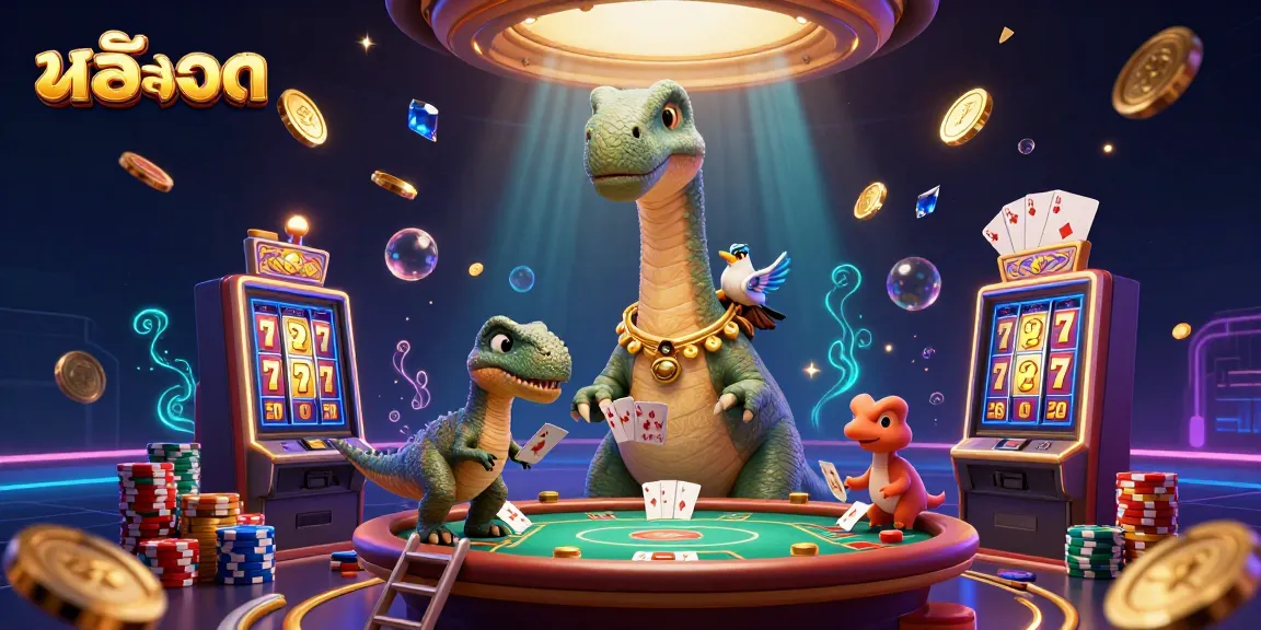 Engage with สล็อต while exploring an ultra-detailed casino scene featuring a towering brontosaurus.