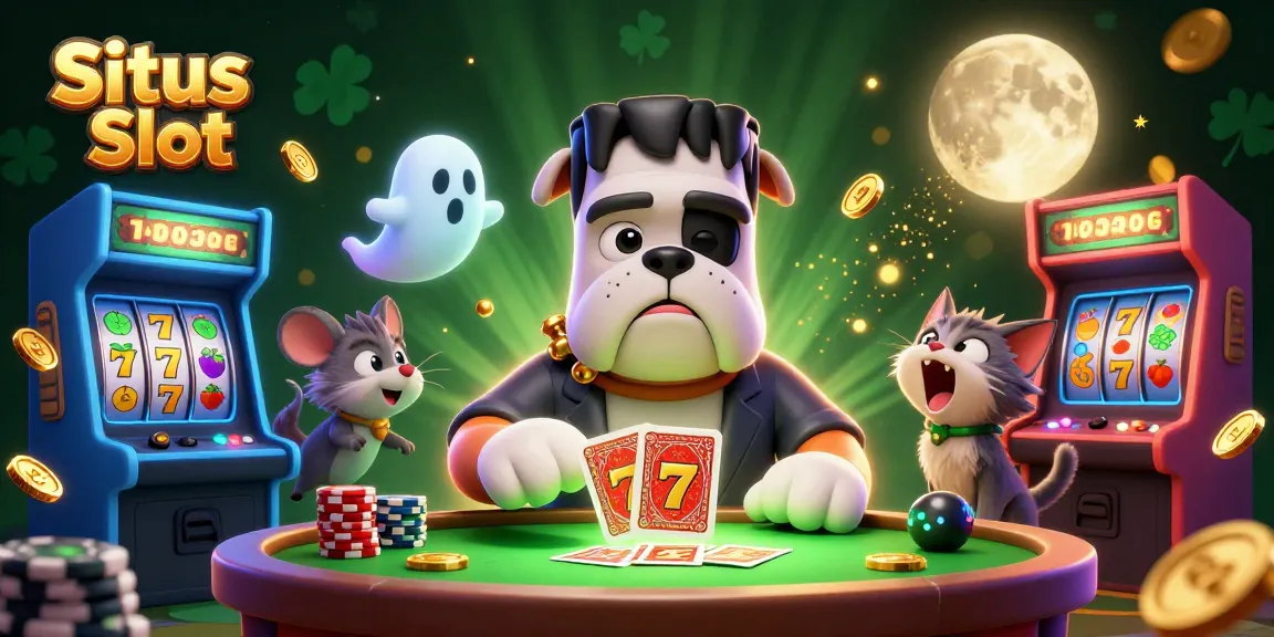 Menggambar aksi di Situs Slot dengan karakter lucu, mesin slot, dan koin emas berkilauan.