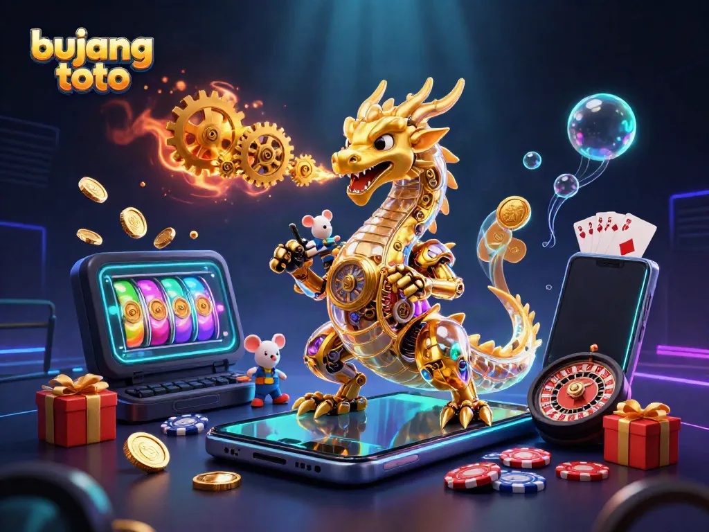 Engage with the vibrant world of bujang toto through an intricate scene of a golden dragon and dynamic gaming elements.