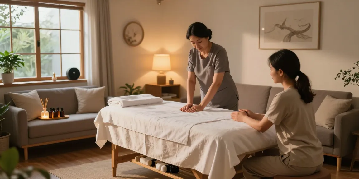 일산출장마사지 showcasing a serene setup for a relaxing home massage, with therapist and client in cozy atmosphere.