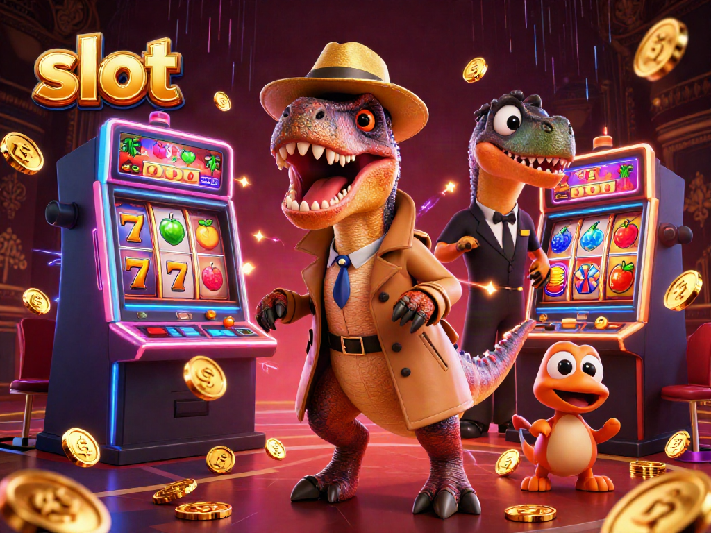 Spin the slot machine with a cartoon velociraptor card counter at a casino game scene.