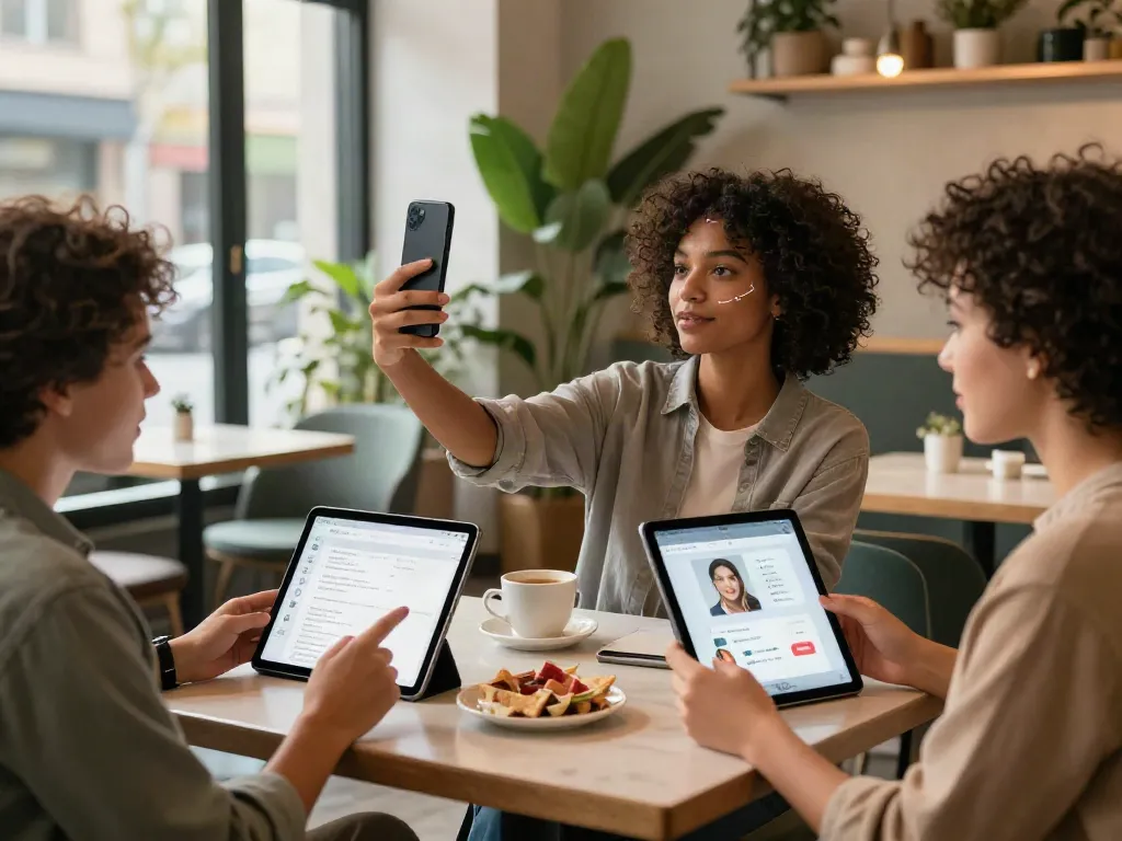 Engaging scene showcasing alternatives to QOVES with diverse individuals using facial analysis apps.