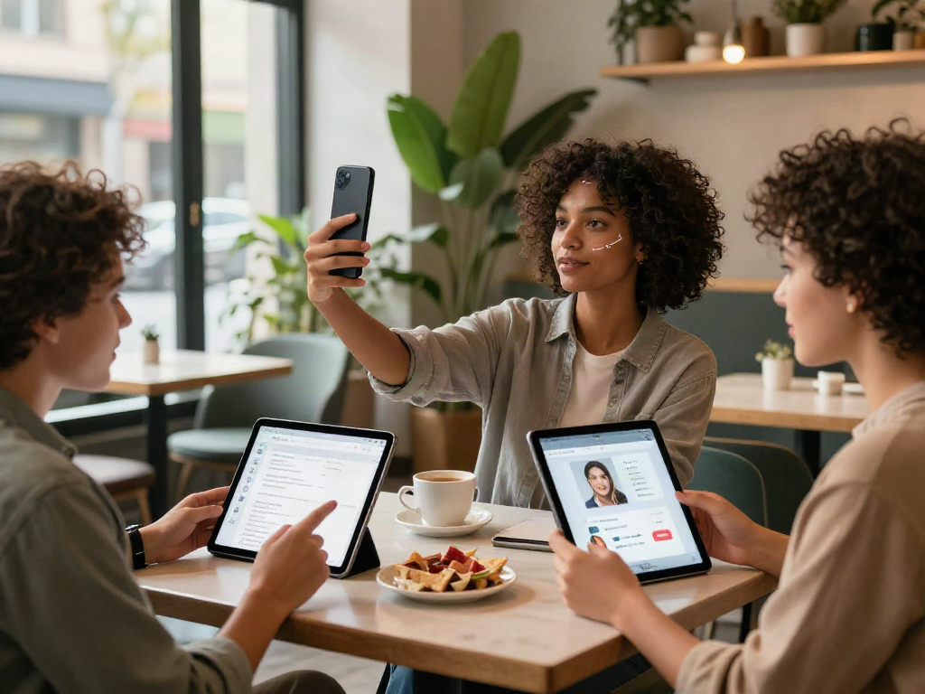 Engaging scene showcasing alternatives to QOVES with diverse individuals using facial analysis apps.