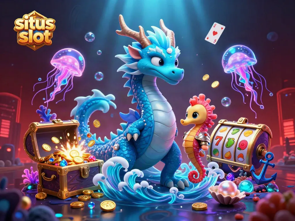 Engage with situs slot visuals featuring a majestic water dragon, seahorse knight, and vibrant elements from the gaming underworld.