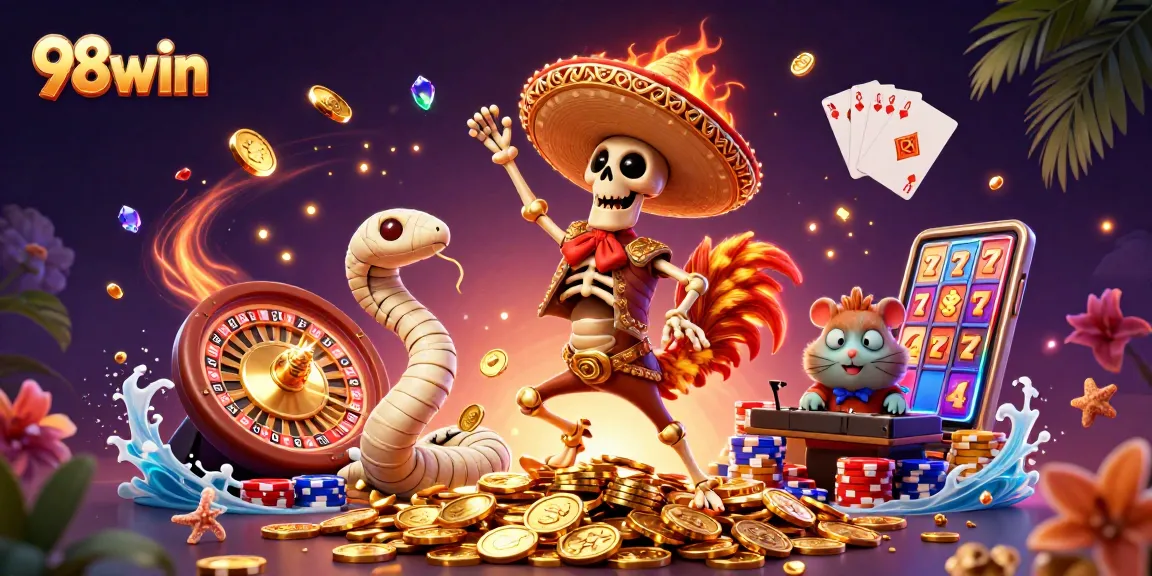 Experience the thrill of 98win with vibrant casino action, showcasing iconic characters and games.