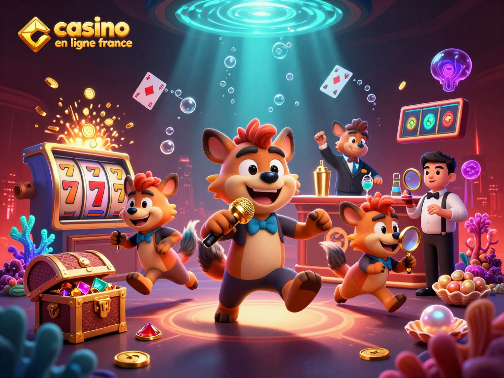Profitez du casino en ligne France avec des hyènes animées jouant à la machine à sous et un humour captivant.