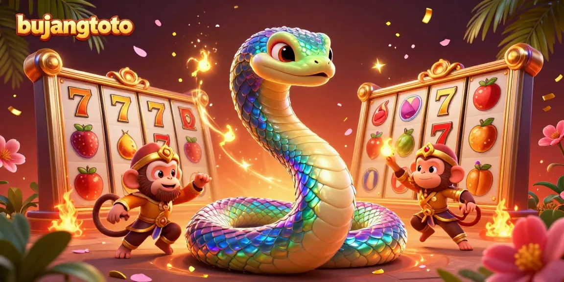 Engage in thrilling action with bujangtoto as a colorful serpent and monkey king celebrate exciting slot games.