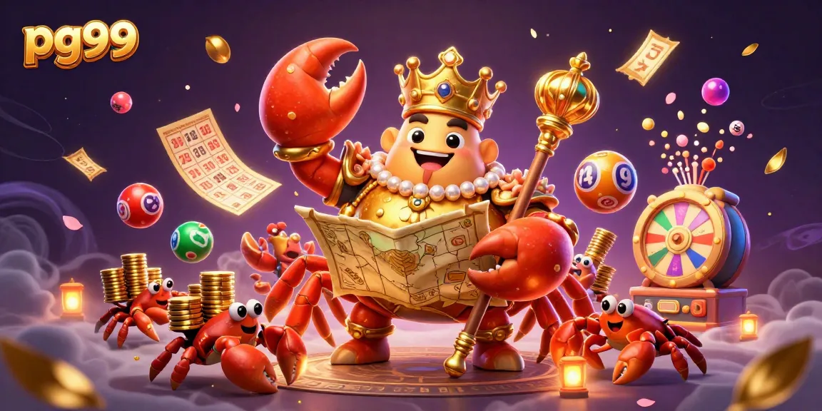 Experience exciting gameplay at pg99 with a vibrant illustration of a golden crab emperor amidst lottery elements.