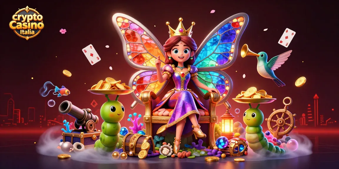 Cattura emozioni nel crypto casino Italia con la regina farfalla e i suoi servitori in un'illustrazione vibrante.