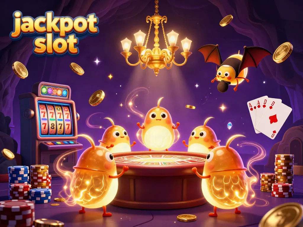 Spin to win jackpots with animated glowworms and a bat dealer in a vibrant casino setting.