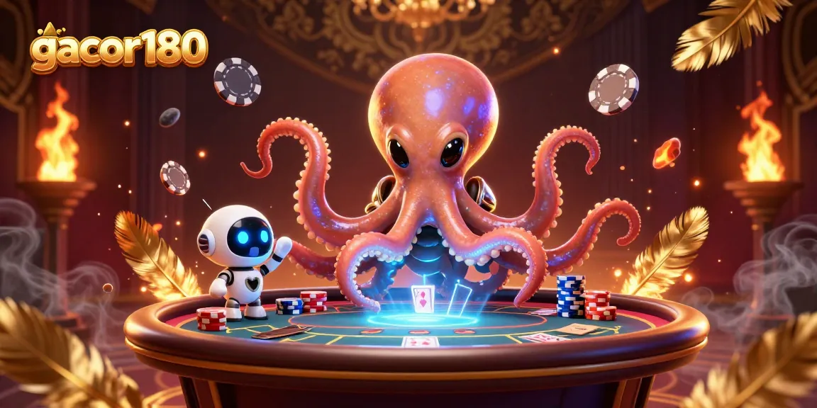 Gacor180 menghadirkan suasana kasino dengan alien dan robot bermain poker di meja holografik.