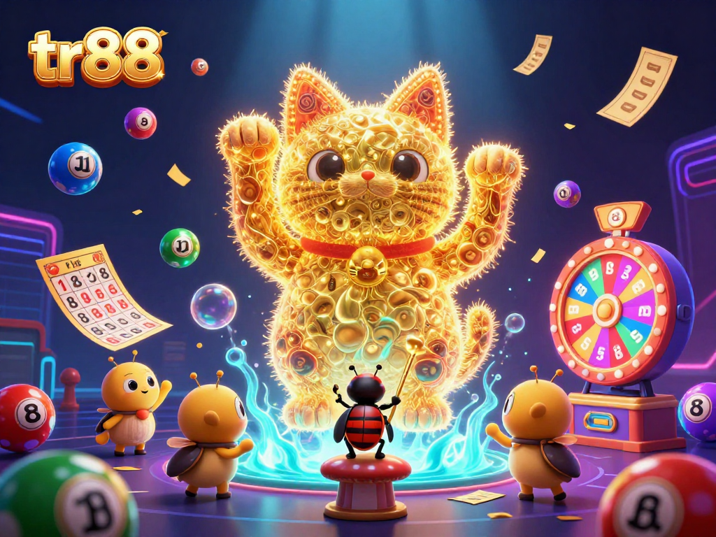 Experience thrilling luck with tr 88 as golden fireflies and a lucky cat celebrate with exciting casino symbols.