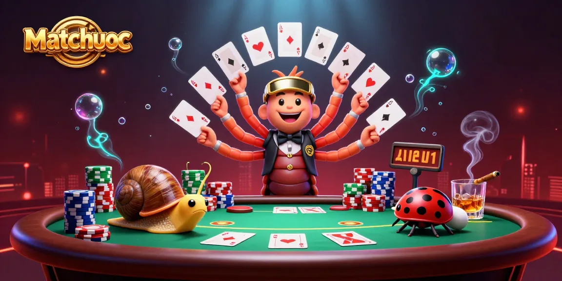 Experience the thrill at matchuoc with a vibrant 3D cartoon casino scene featuring unique characters and poker elements.