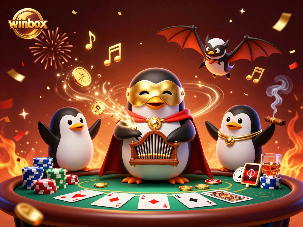 Experience winbox's excitement with a whimsical penguin organist showering golden coins amidst poker festivities.