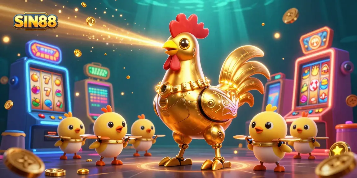 SIN88 engages players with a vibrant, dynamic slot machine scene featuring a futuristic golden rooster robot.