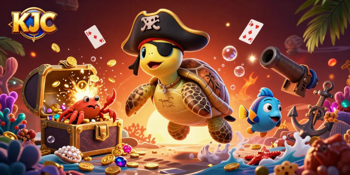 KJC offers a vibrant illustration of a pirate-themed underwater adventure with treasures, enhancing the gaming experience.