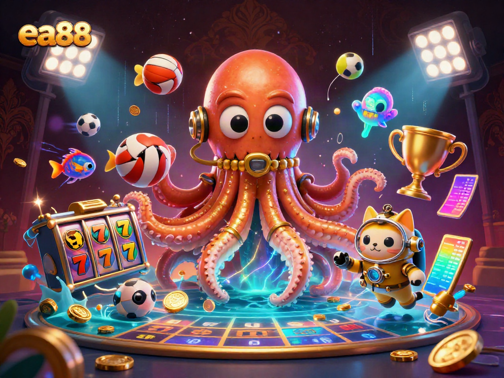 Chơi game với ea88, Kraken khổng lồ và cá phát quang trong không gian casino đầy màu sắc