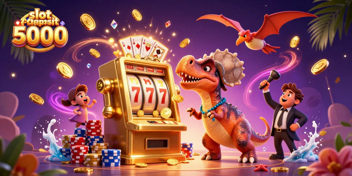 Experience exciting jackpot wins at slot deposit 5000 with vibrant visuals and playful dinosaurs!