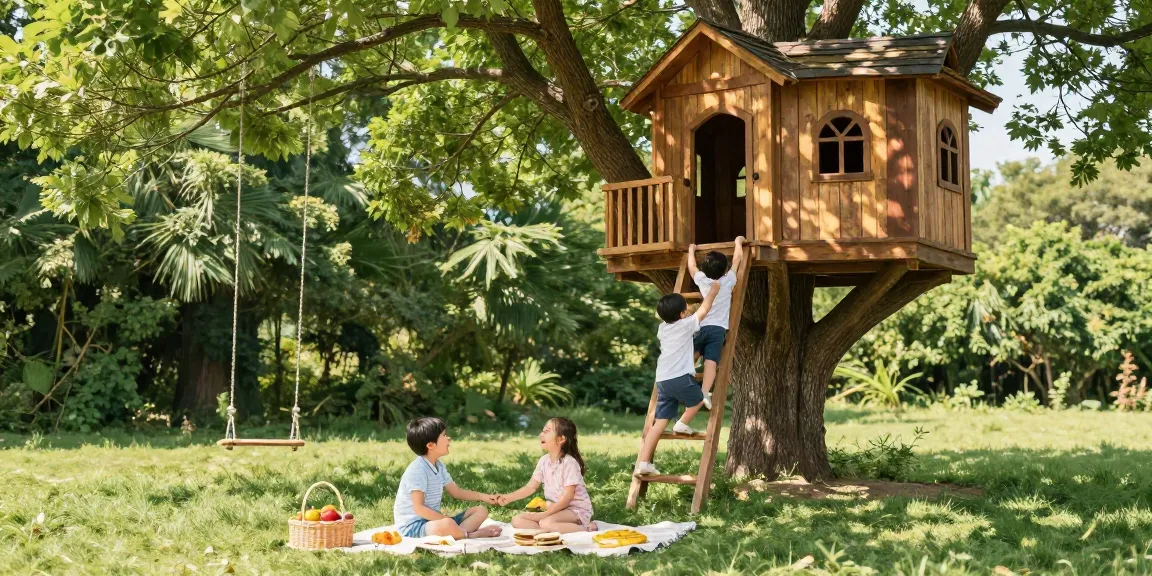Family enjoying a picnic near treehouses in a serene outdoor setting.