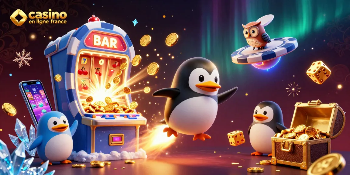Jouez et gagnez au casino en ligne France avec un pingouin doré et des machines à sous.