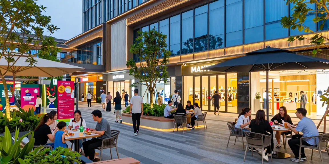 Vibrant scene of MANTRA88 showcasing commercial properties, entertainment, and dining.