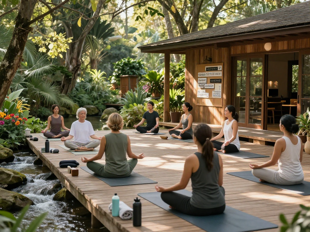 Participants in mid-meditation during a mantra88 wellness retreat, surrounded by nature's tranquility.