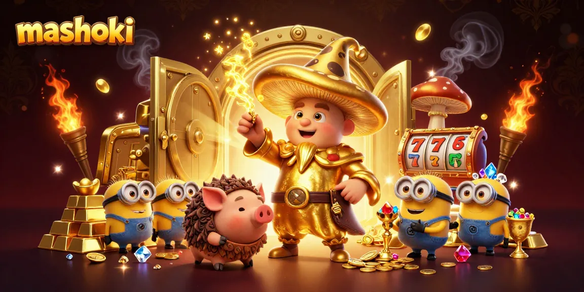 Experience mashoki slots with golden treasures and a wizard in this enchanting casino illustration.
