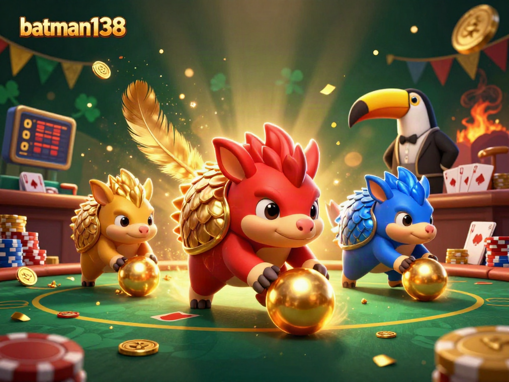 Join the excitement at batman138 with rival pangolins rolling through poker chips in a vibrant casino illustration.