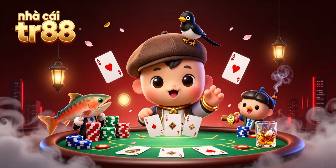 Immerse yourself in the vibrant world of nhà cái tr88 with a playful scene featuring poker elements and charming characters.