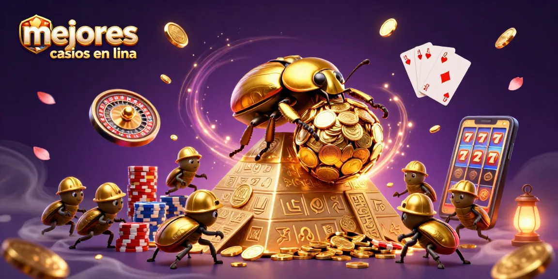 Ilustra los mejores casinos en línea con un escarabajo dorado y monedas brillantes.