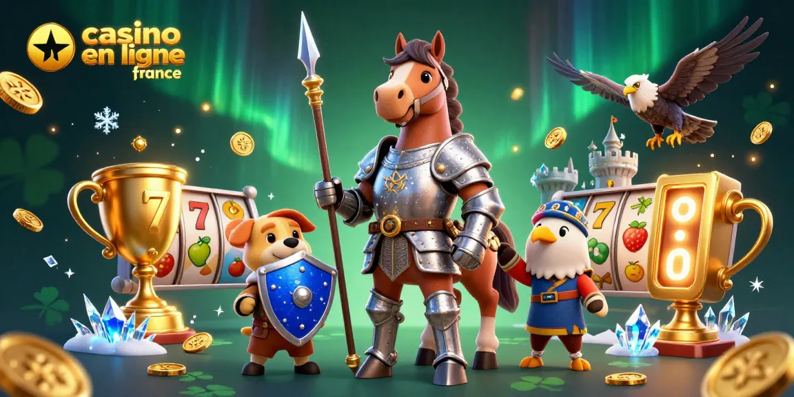 Jouer à des jeux au casino en ligne France avec un chevalier et un chiot, entourés de machines à sous.