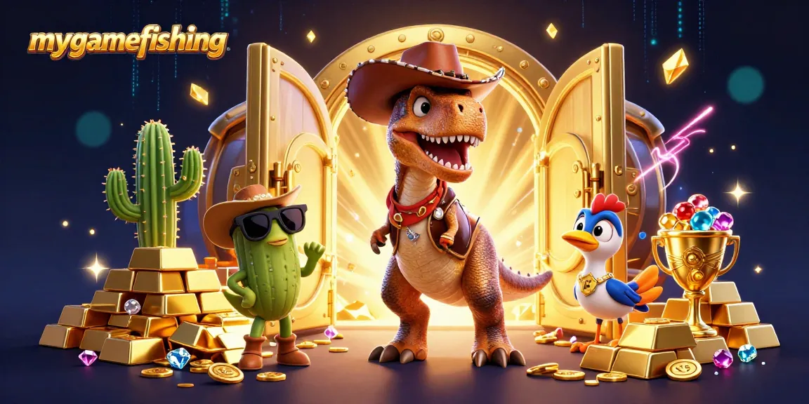 Join the fun at mygamefishing with a vibrant 3D illustration of a treasure-filled casino adventure.