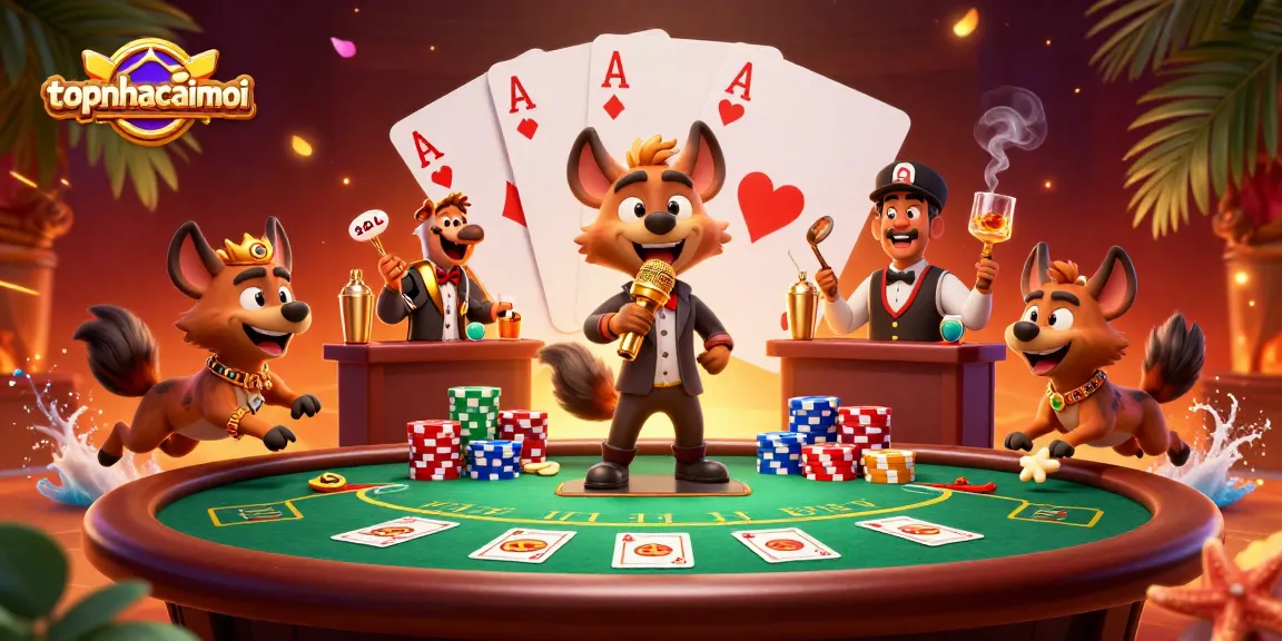 Experience topnhacaimoi's vibrant comedy casino scene with hyenas, poker chips, and laughter.