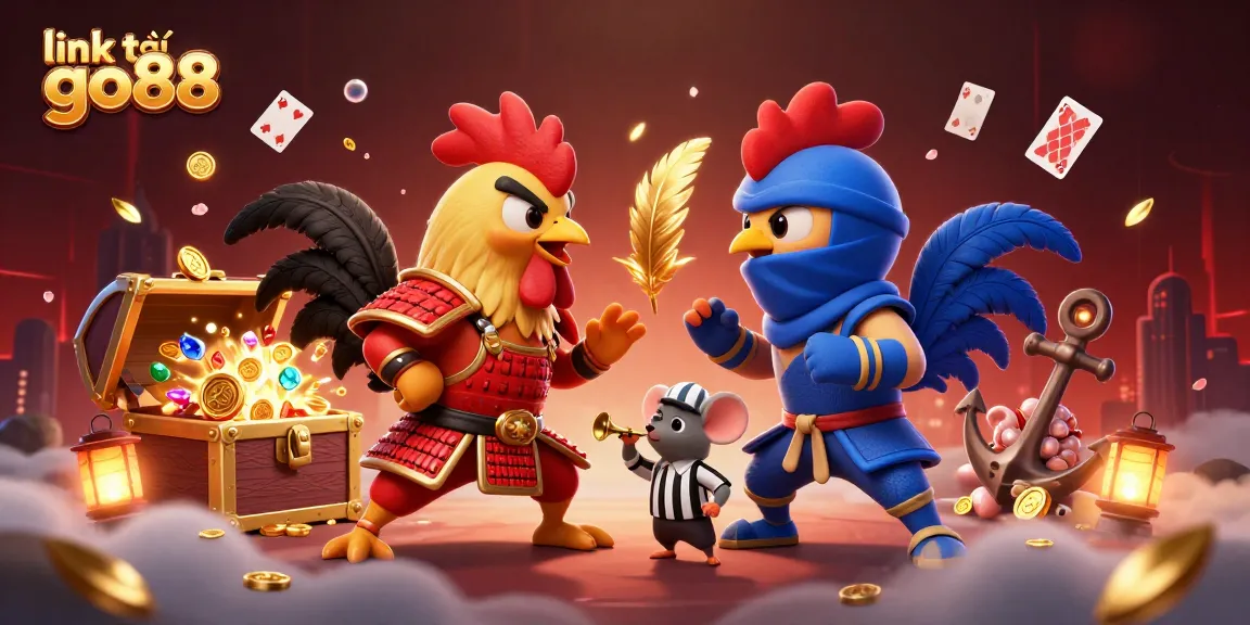 Engage with thrilling gaming action through link tải go88, featuring dynamic rooster duel amidst overflowing treasures.