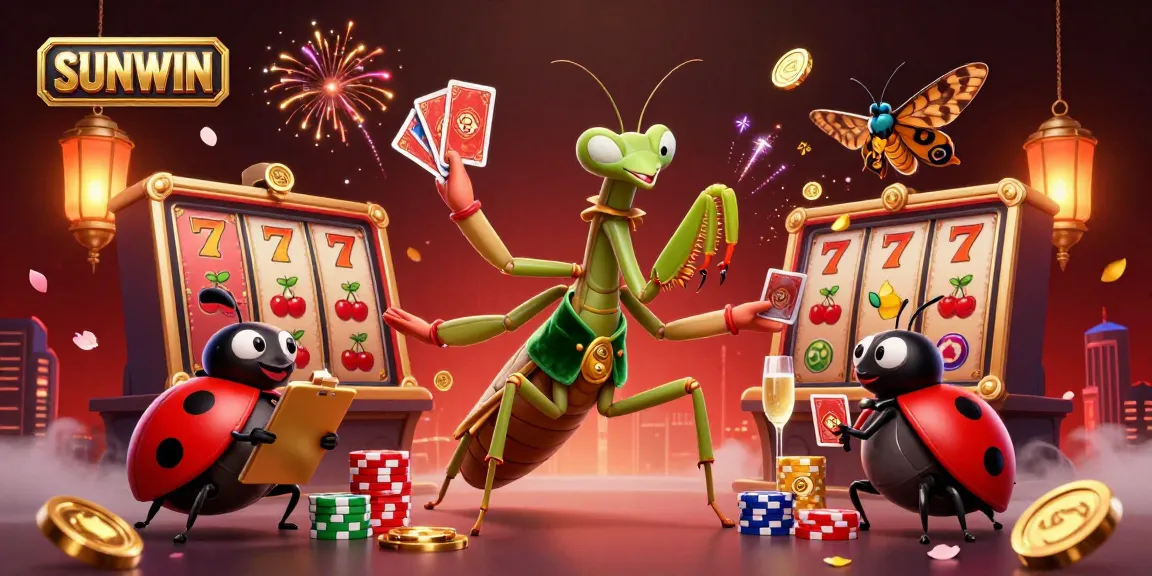 Experience the vibrant action of SUNWIN casino with a giant praying mantis card sharp and ladybug pit boss amidst slot reels and gold.