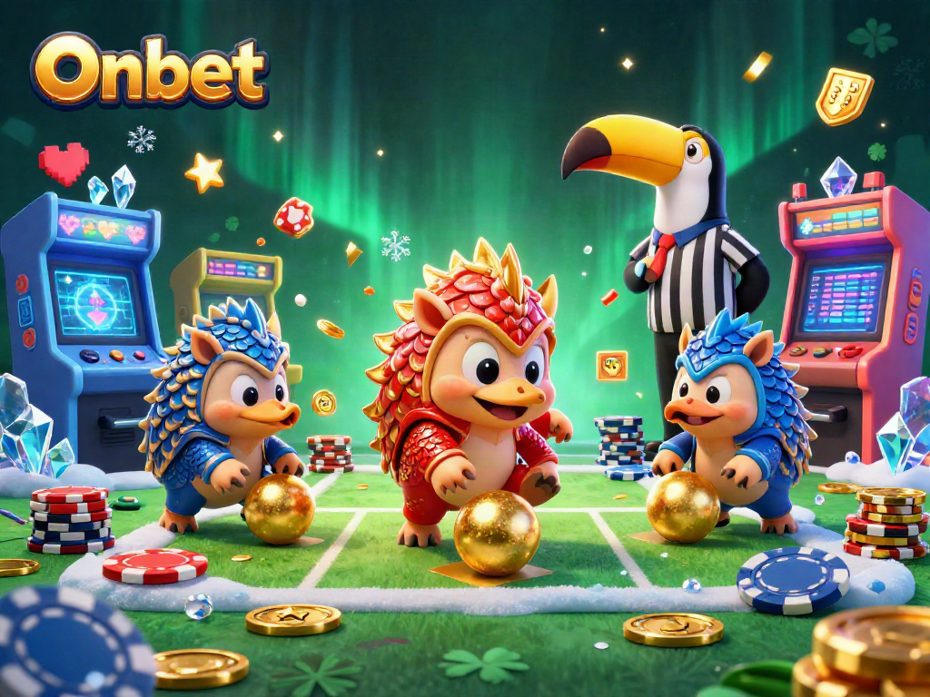 Experience Onbet with rival pangolins bowling through poker chips in a vibrant casino arcade!