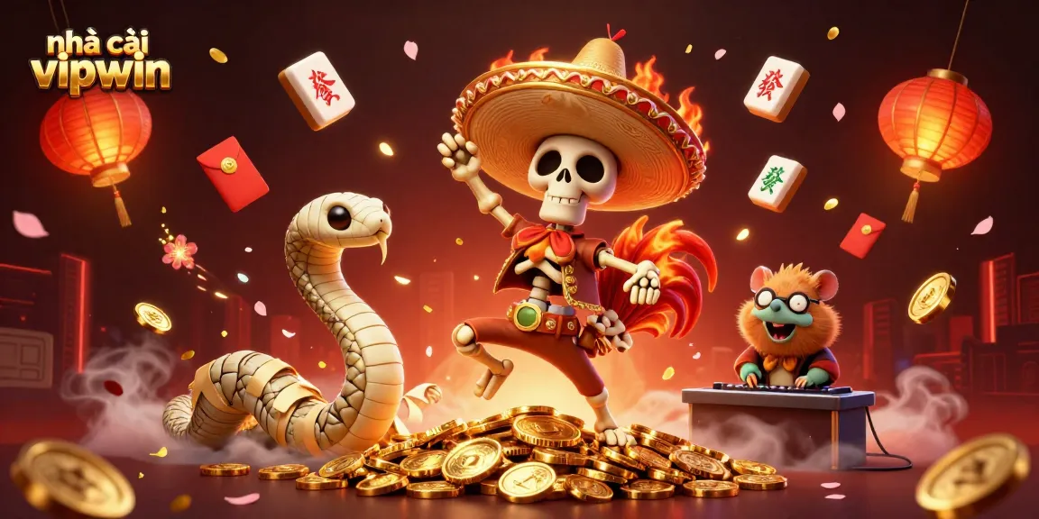 Experience nhà cái vipwin with a dynamic 3D casino scene featuring festive characters celebrating victory.