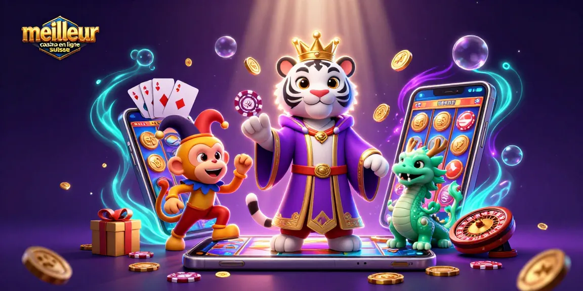 Jouez et gagnez avec le meilleur casino en ligne suisse, illustré par des personnages vibrants et des éléments de jeu.
