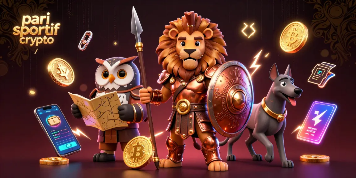 Placer des paris sportifs crypto avec des personnages stratégiques et des éléments numériques captivants.