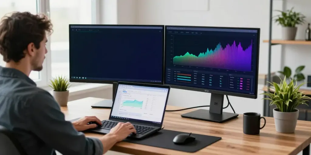 One API for stocks forex crypto displayed on multiple monitors analyzing charts in a professional trading workspace.