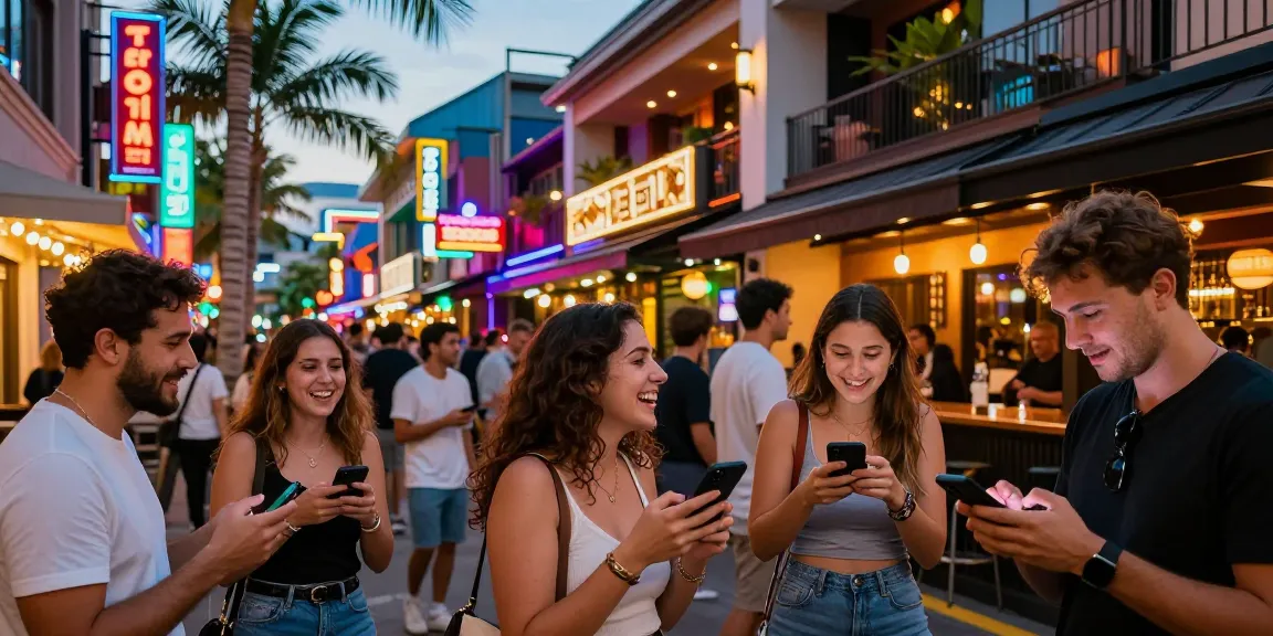 Group enjoying nightlife at 오피사이트 with neon lights and urban vibe.
